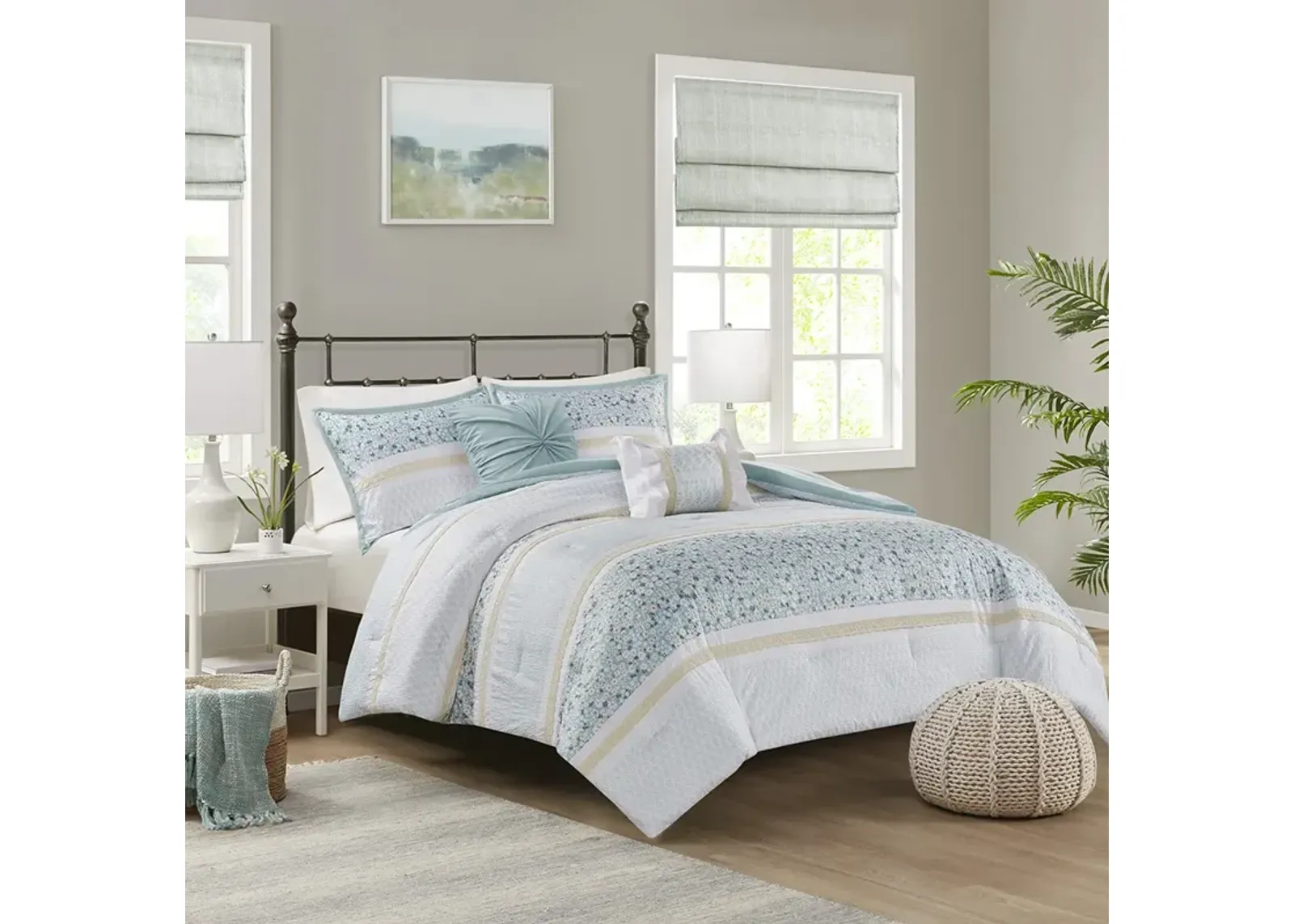 Madison Park Caralie Aqua 5 Piece Seersucker Comforter Set with Throw Pillows