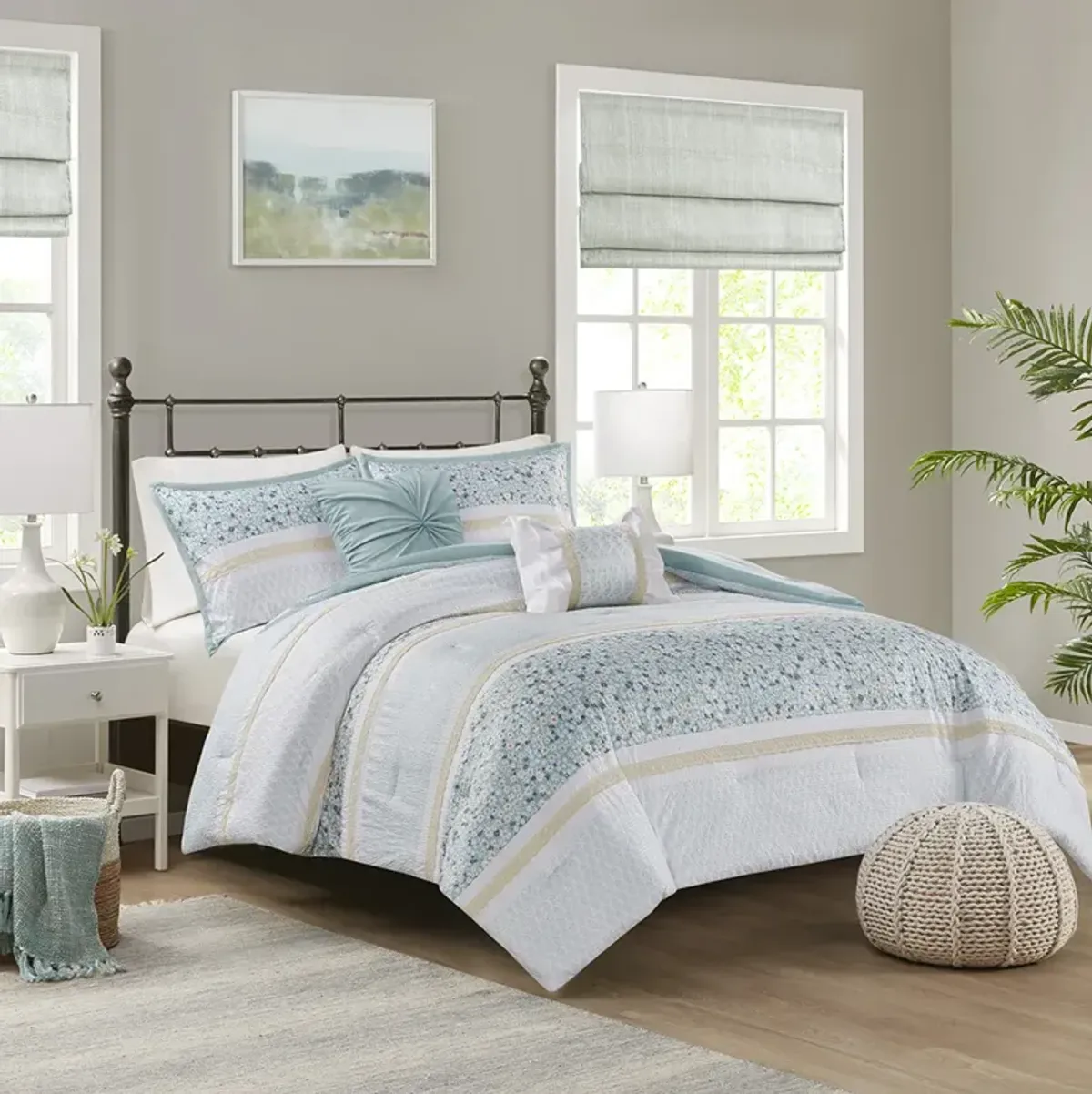 Madison Park Caralie Aqua 5 Piece Seersucker Comforter Set with Throw Pillows