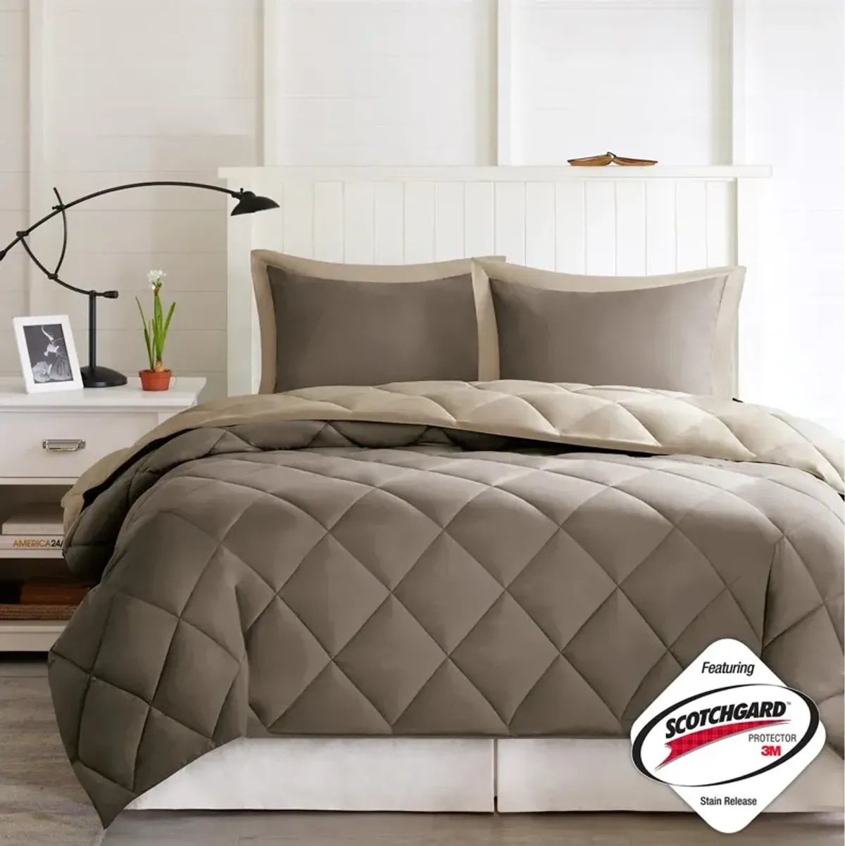 Madison Park Essentials Larkspur Brown/Sand 3M Scotchgard Diamond Quilting Reversible Down Alternative Comforter Set