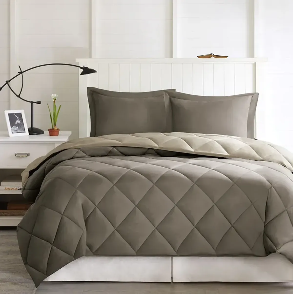 Madison Park Essentials Larkspur Brown/Sand 3M Scotchgard Diamond Quilting Reversible Down Alternative Comforter Set