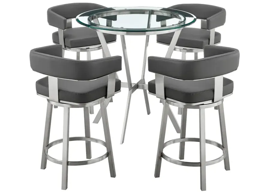 Naomi and Lorin 5-Piece Counter Height Dining Set in Brushed Stainless Steel and Grey Faux Leather