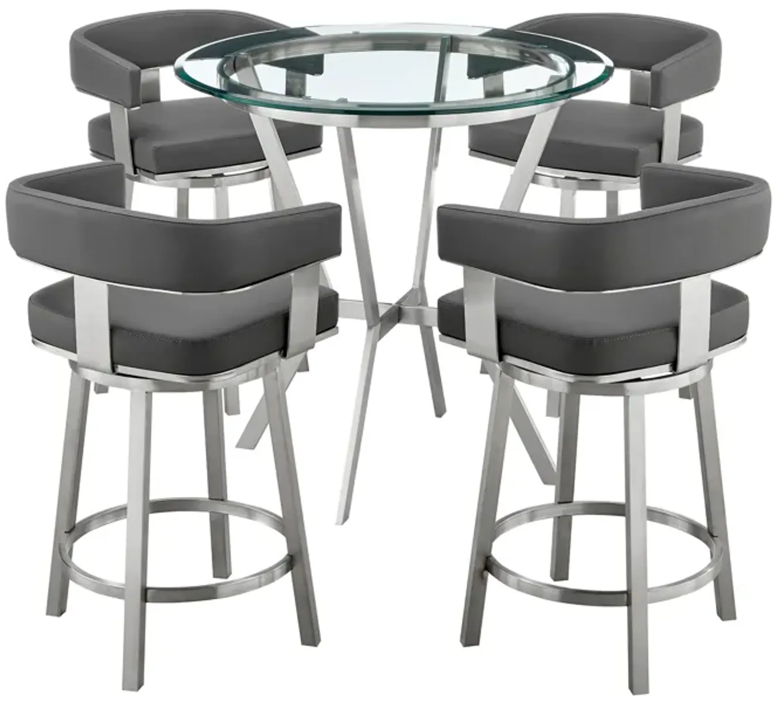 Naomi and Lorin 5-Piece Counter Height Dining Set in Brushed Stainless Steel and Grey Faux Leather