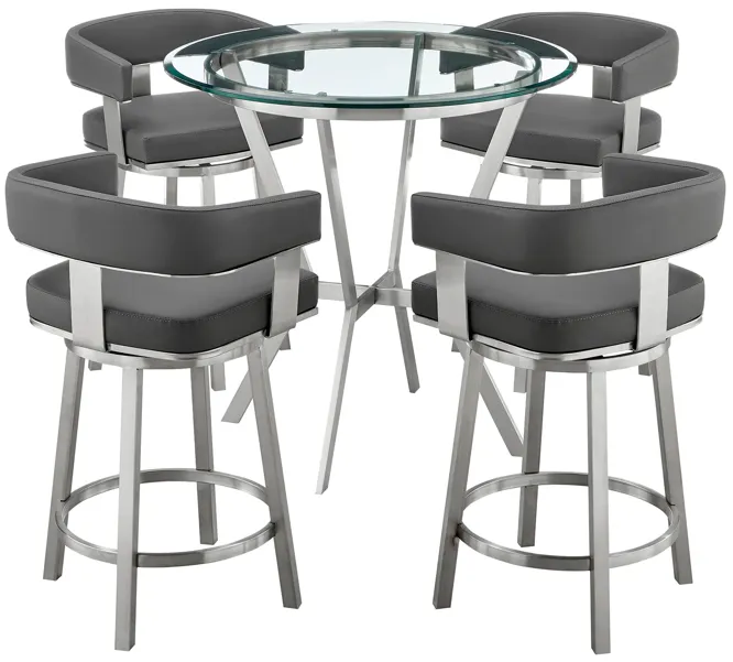 Naomi and Lorin 5-Piece Counter Height Dining Set in Brushed Stainless Steel and Grey Faux Leather