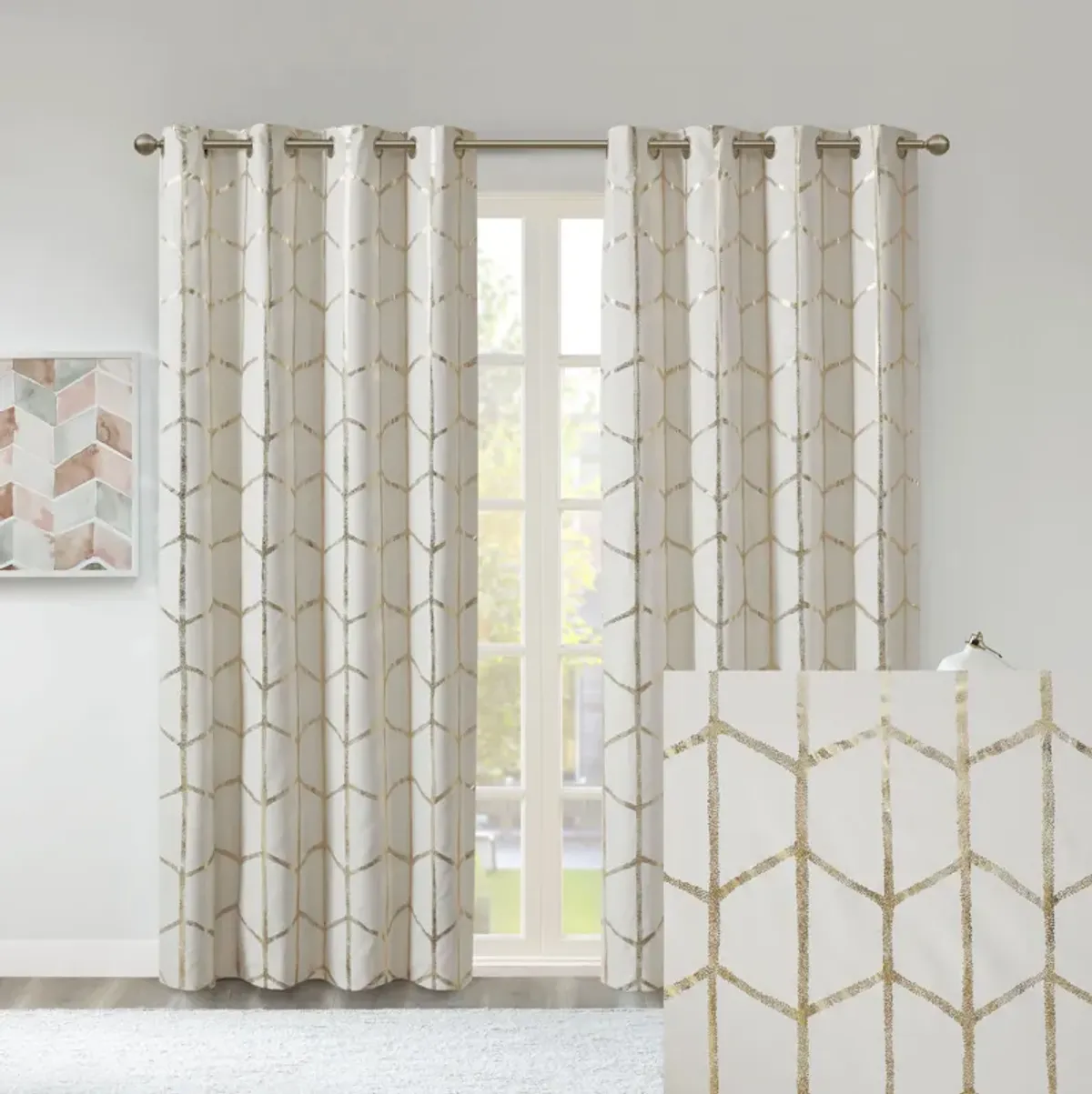 Intelligent Design Raina Ivory/Gold Total Blackout Metallic Print Grommet Top Curtain Panel