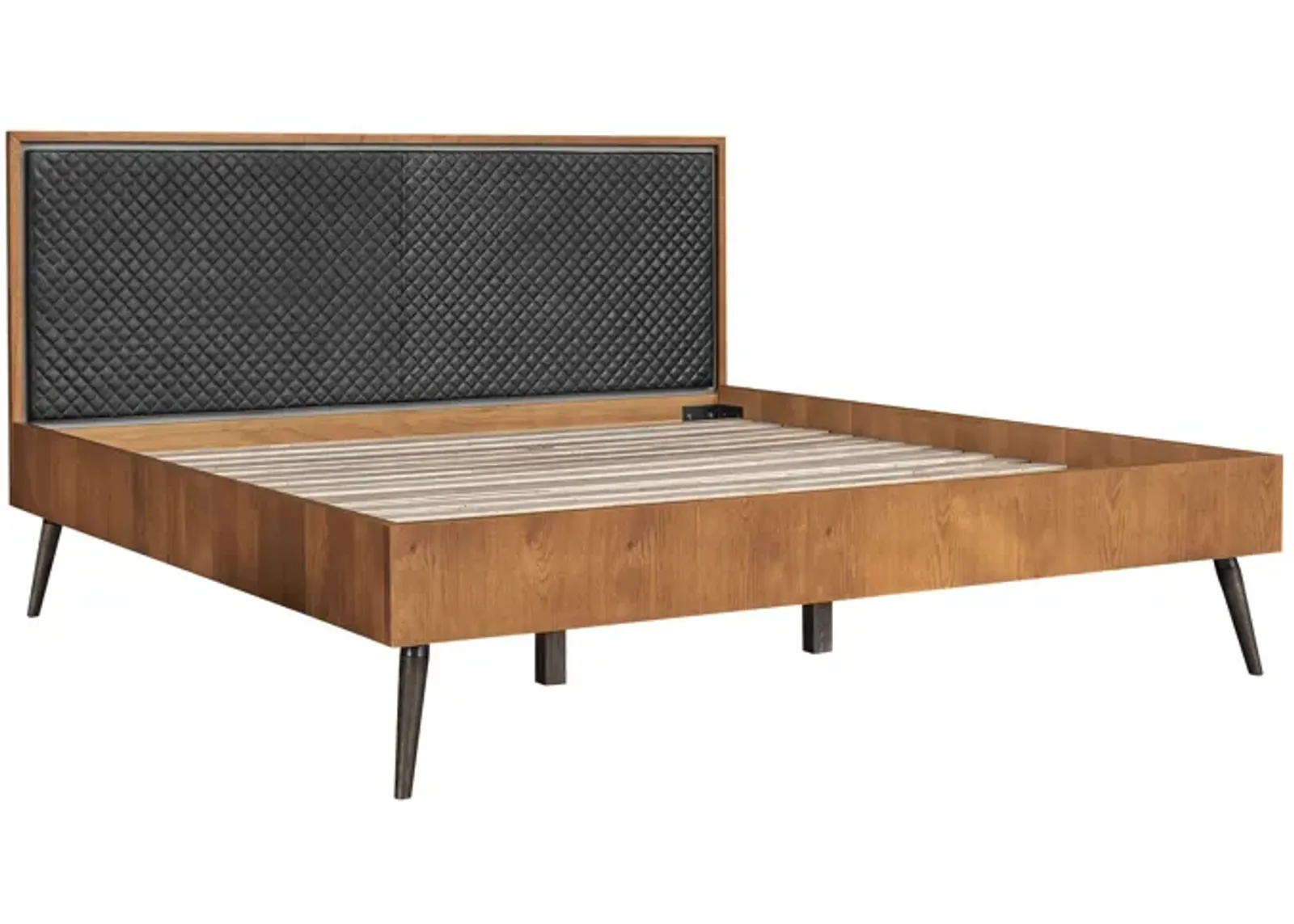 Coco Rustic Oak Wood Upholstered Faux Leather King Platform Bed