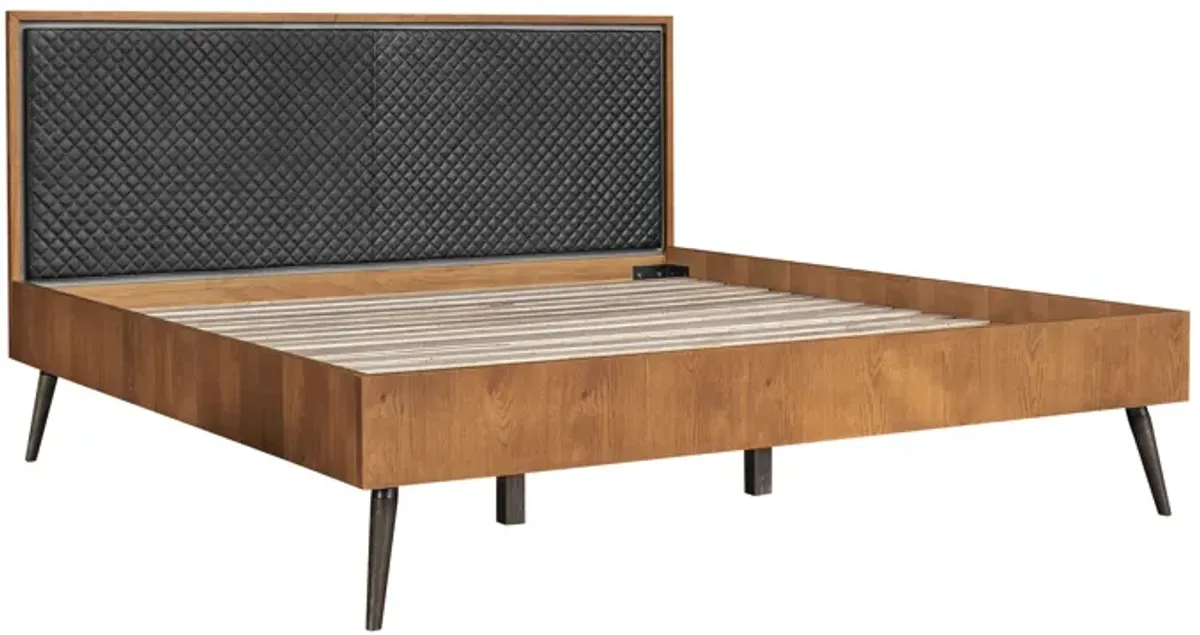 Coco Rustic Oak Wood Upholstered Faux Leather King Platform Bed