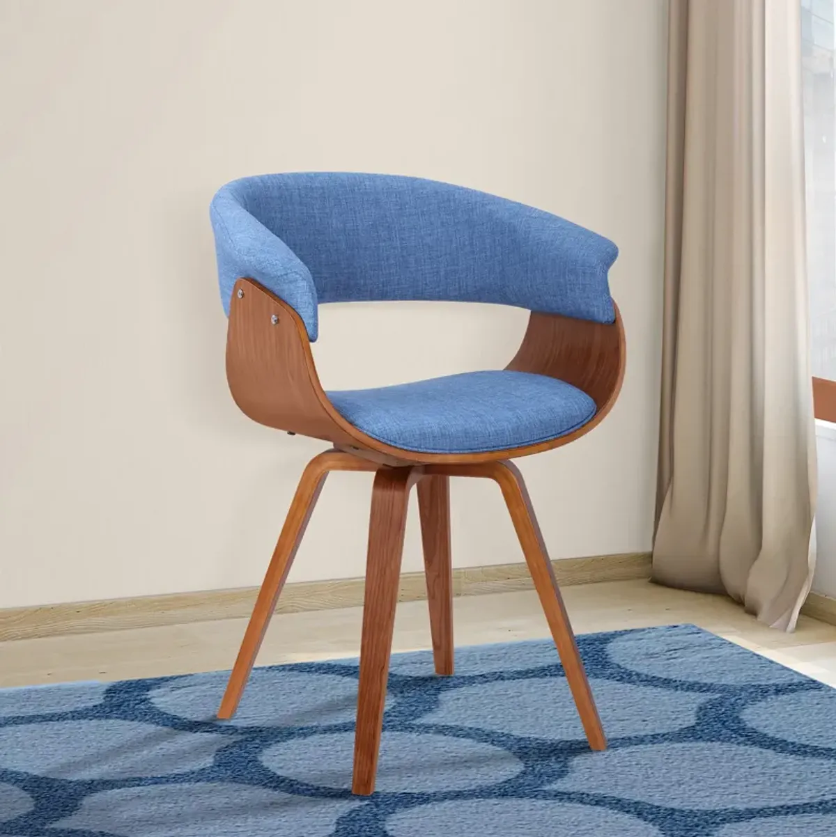 Summer Mid-Century Chair in Blue Fabric with Walnut Wood Finish