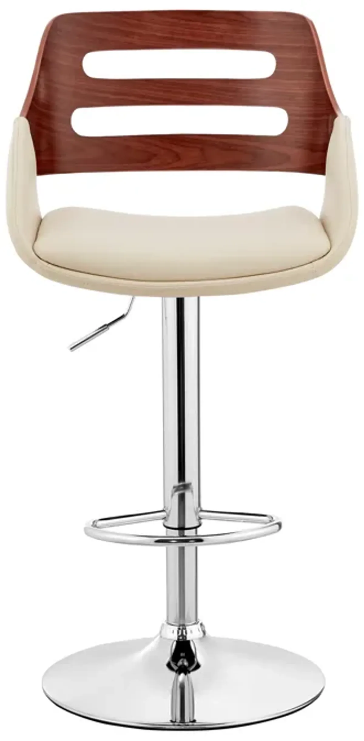 Karter Adjustable Cream Faux Leather and Walnut Wood Bar Stool with Chrome Base