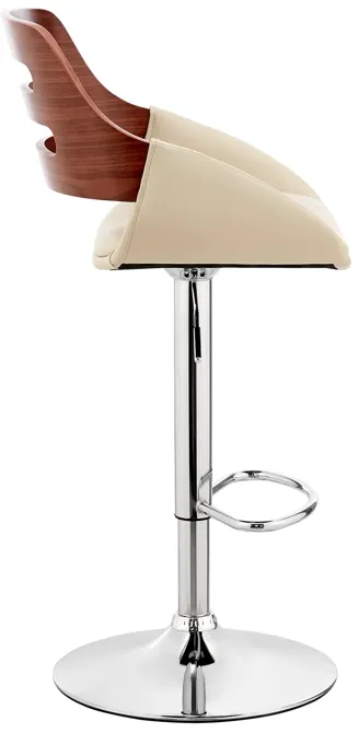 Karter Adjustable Cream Faux Leather and Walnut Wood Bar Stool with Chrome Base