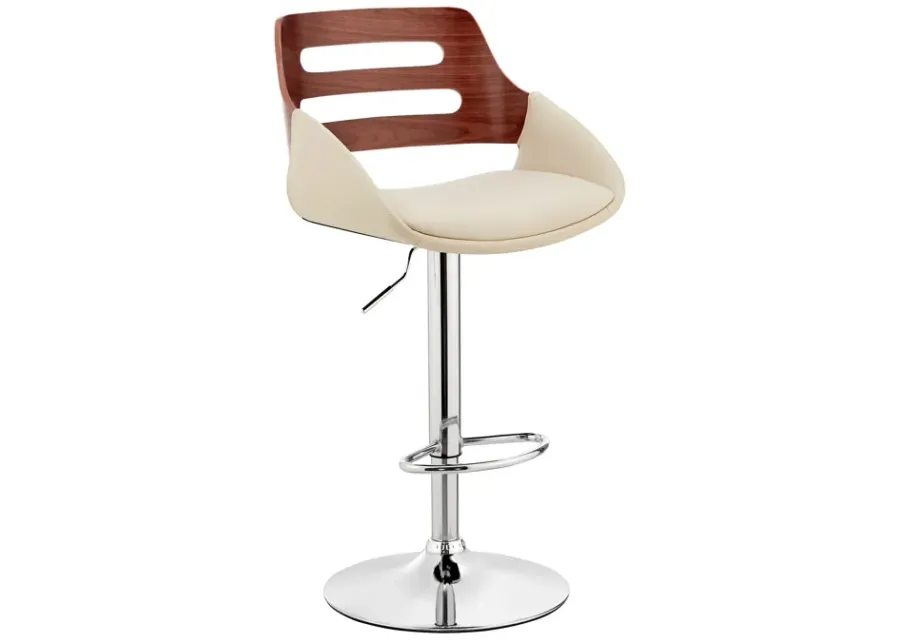 Karter Adjustable Cream Faux Leather and Walnut Wood Bar Stool with Chrome Base