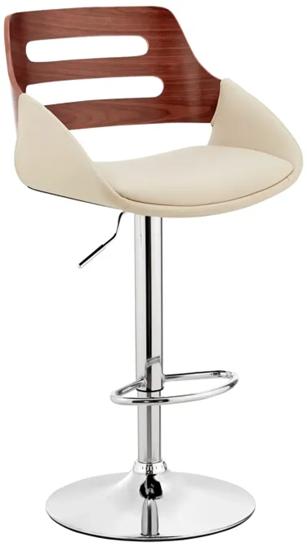 Karter Adjustable Cream Faux Leather and Walnut Wood Bar Stool with Chrome Base