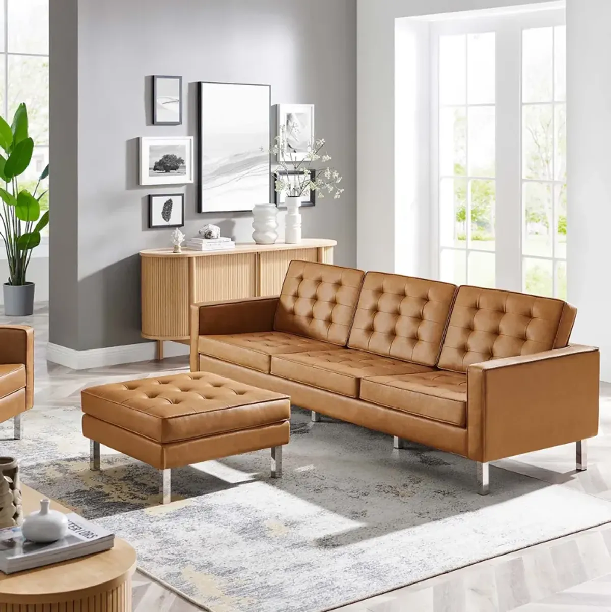 Loft Tufted Vegan Leather Sofa and Ottoman Set