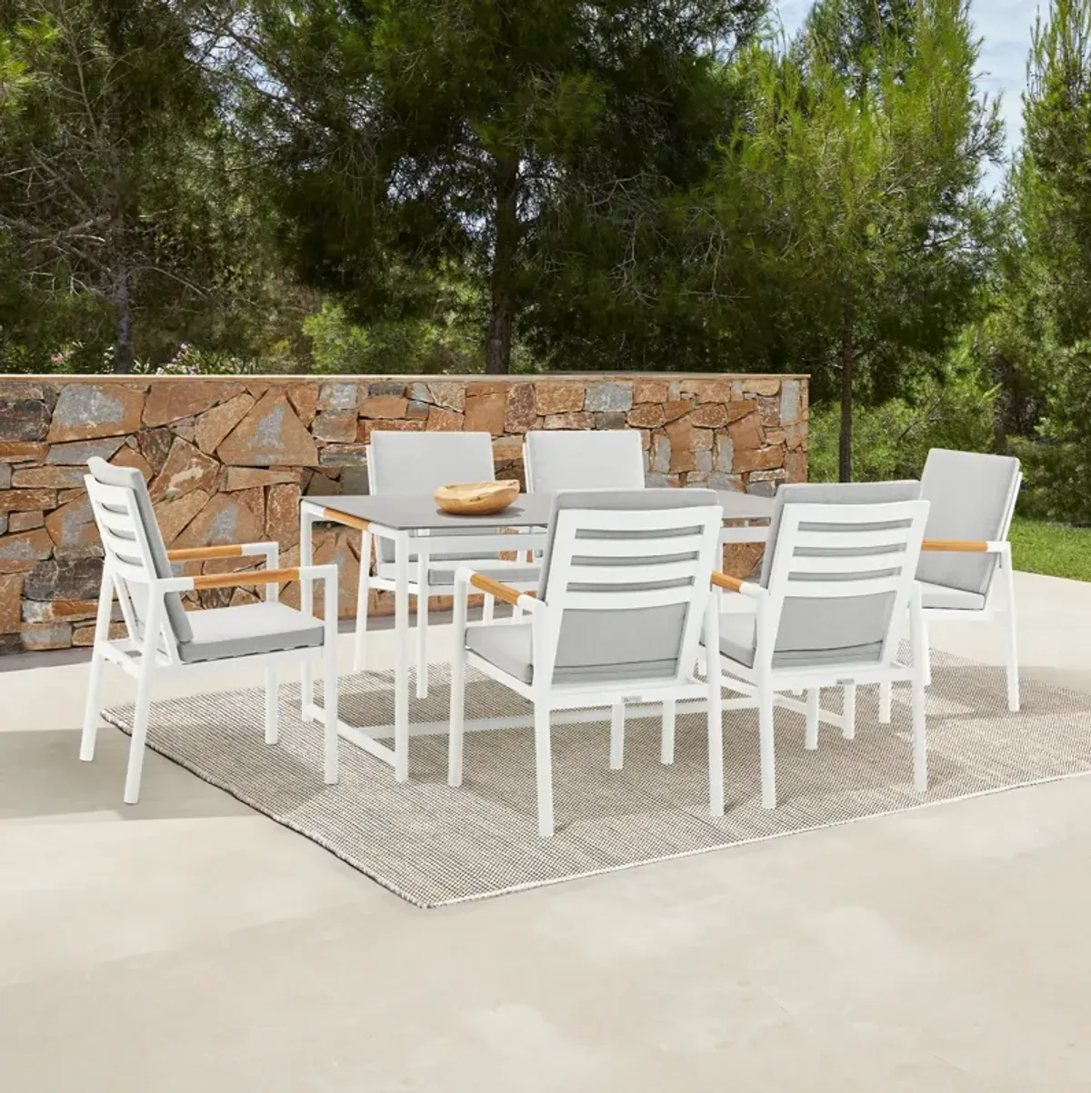 Royal 7 Piece White Aluminum and Teak Outdoor Dining Set with Light Gray Fabric