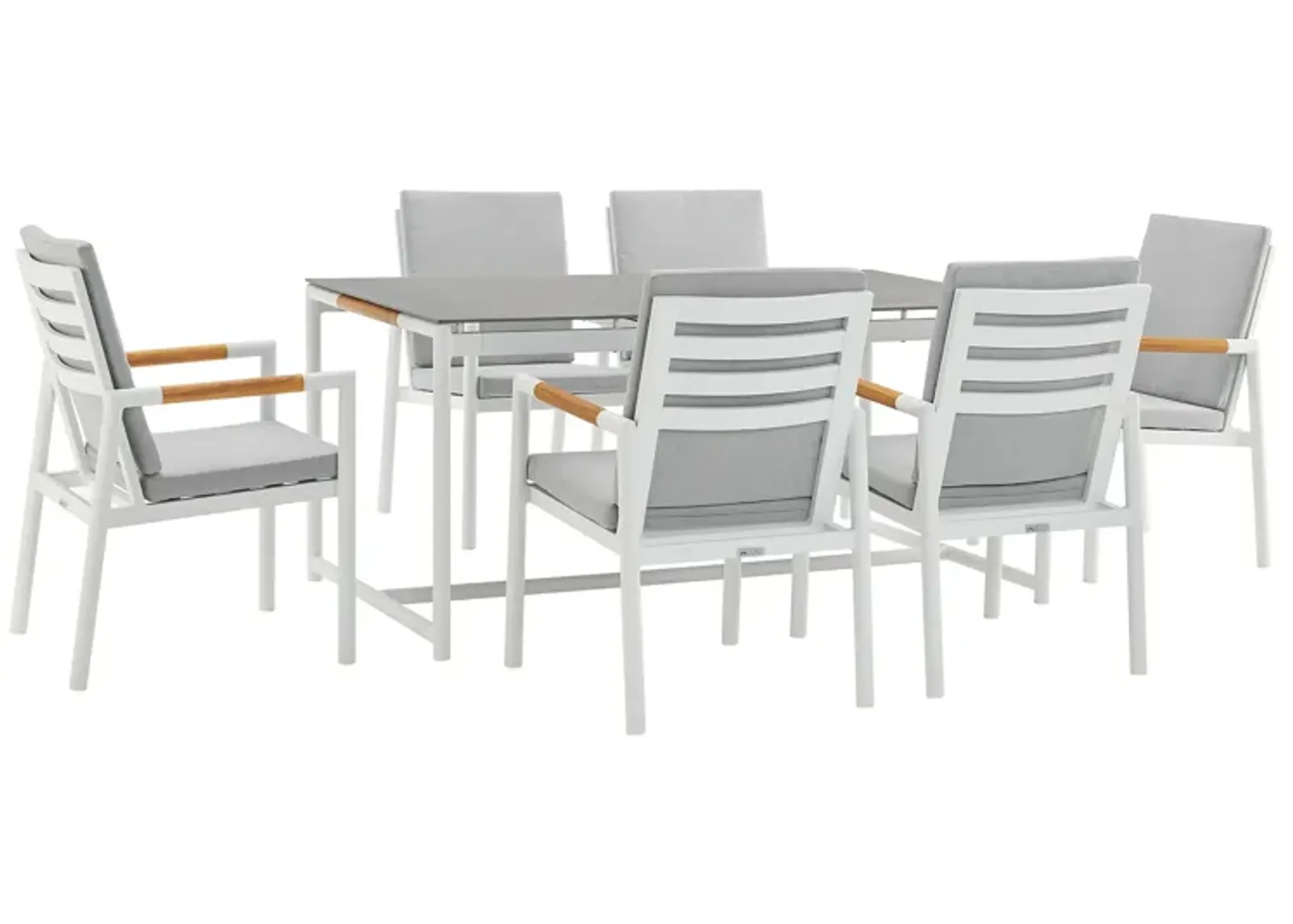 Royal 7 Piece White Aluminum and Teak Outdoor Dining Set with Light Gray Fabric