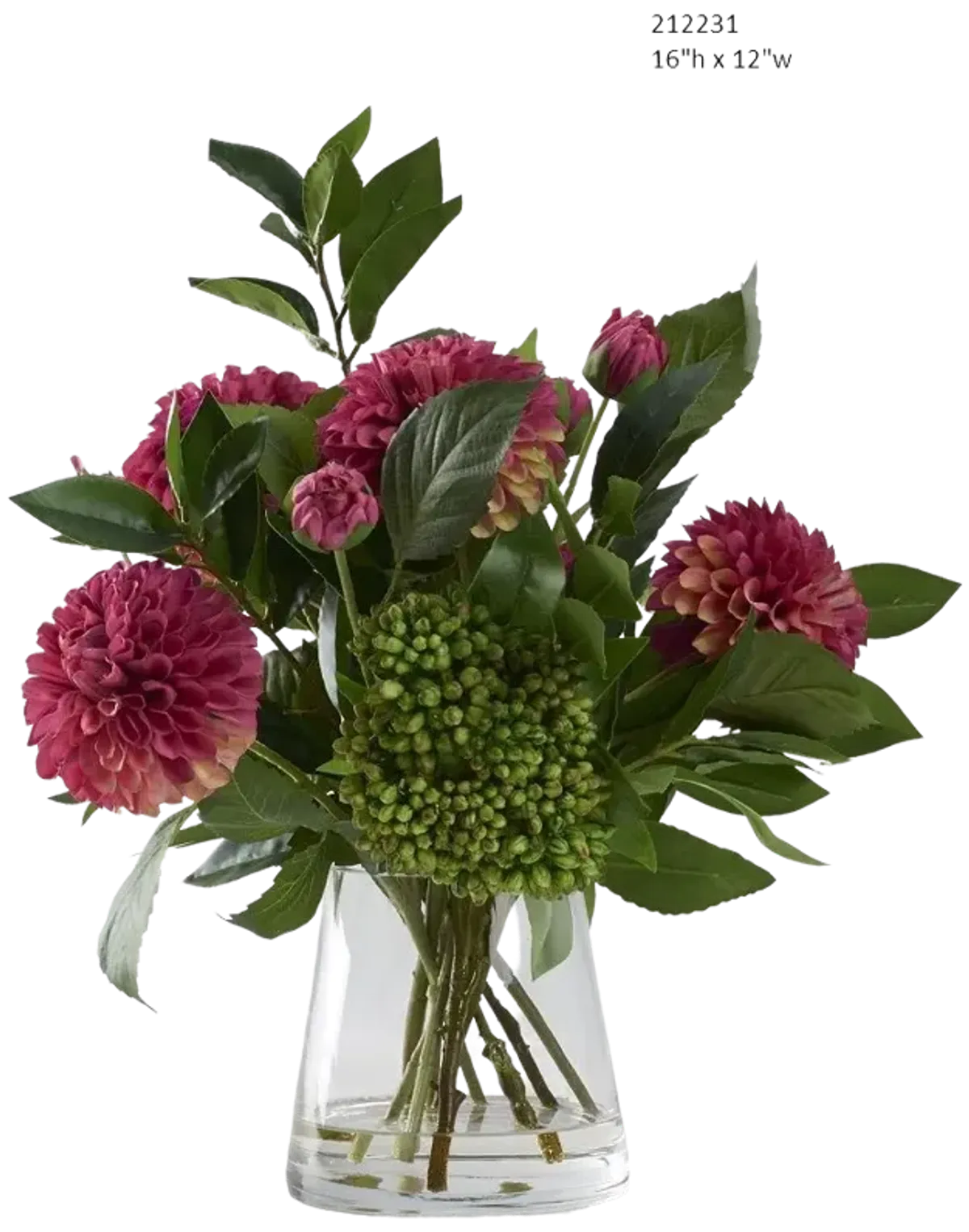 Burgundy Dahlias with Cedum Bush in Tapered Glass Vase