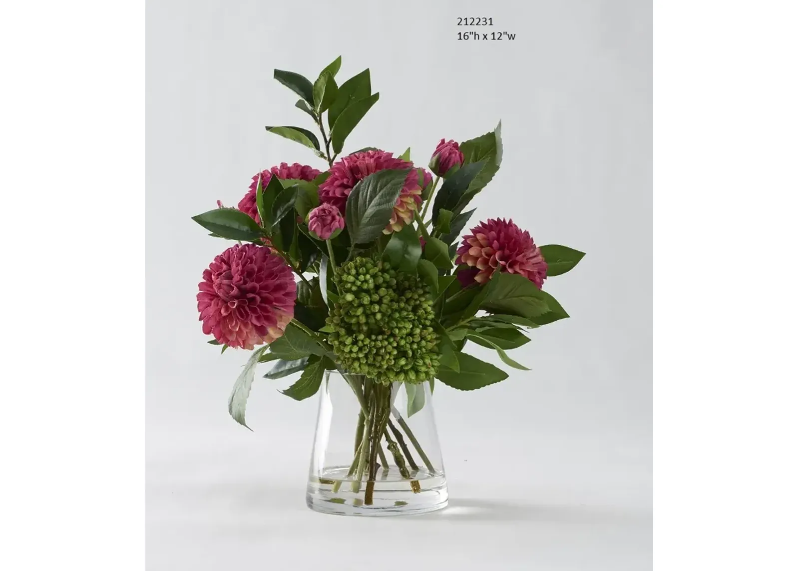 Burgundy Dahlias with Cedum Bush in Tapered Glass Vase