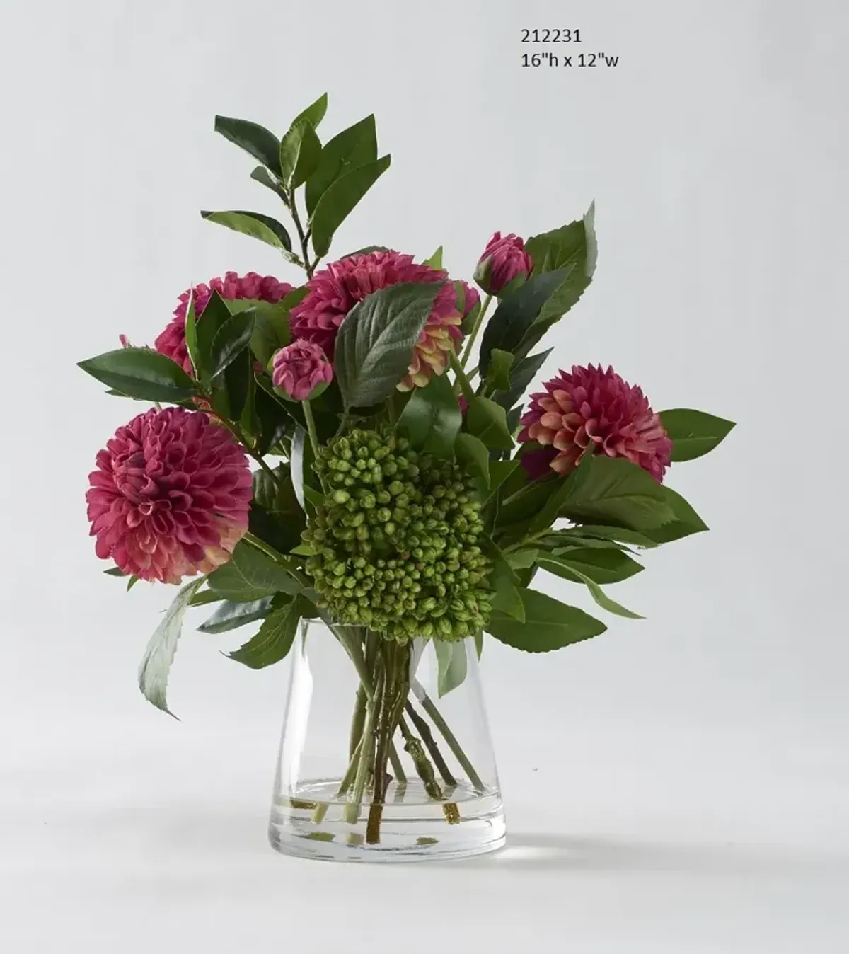 Burgundy Dahlias with Cedum Bush in Tapered Glass Vase