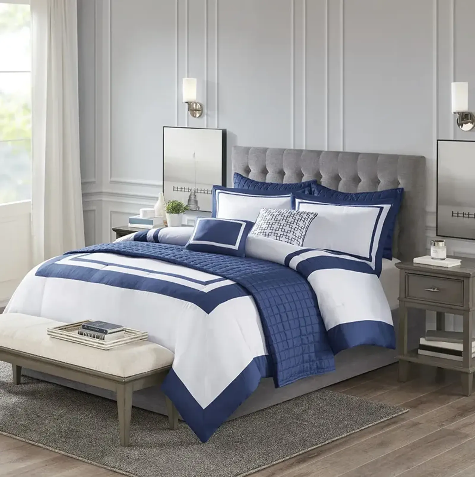 Madison Park Heritage Navy 8 Piece Comforter and Quilt Set Collection