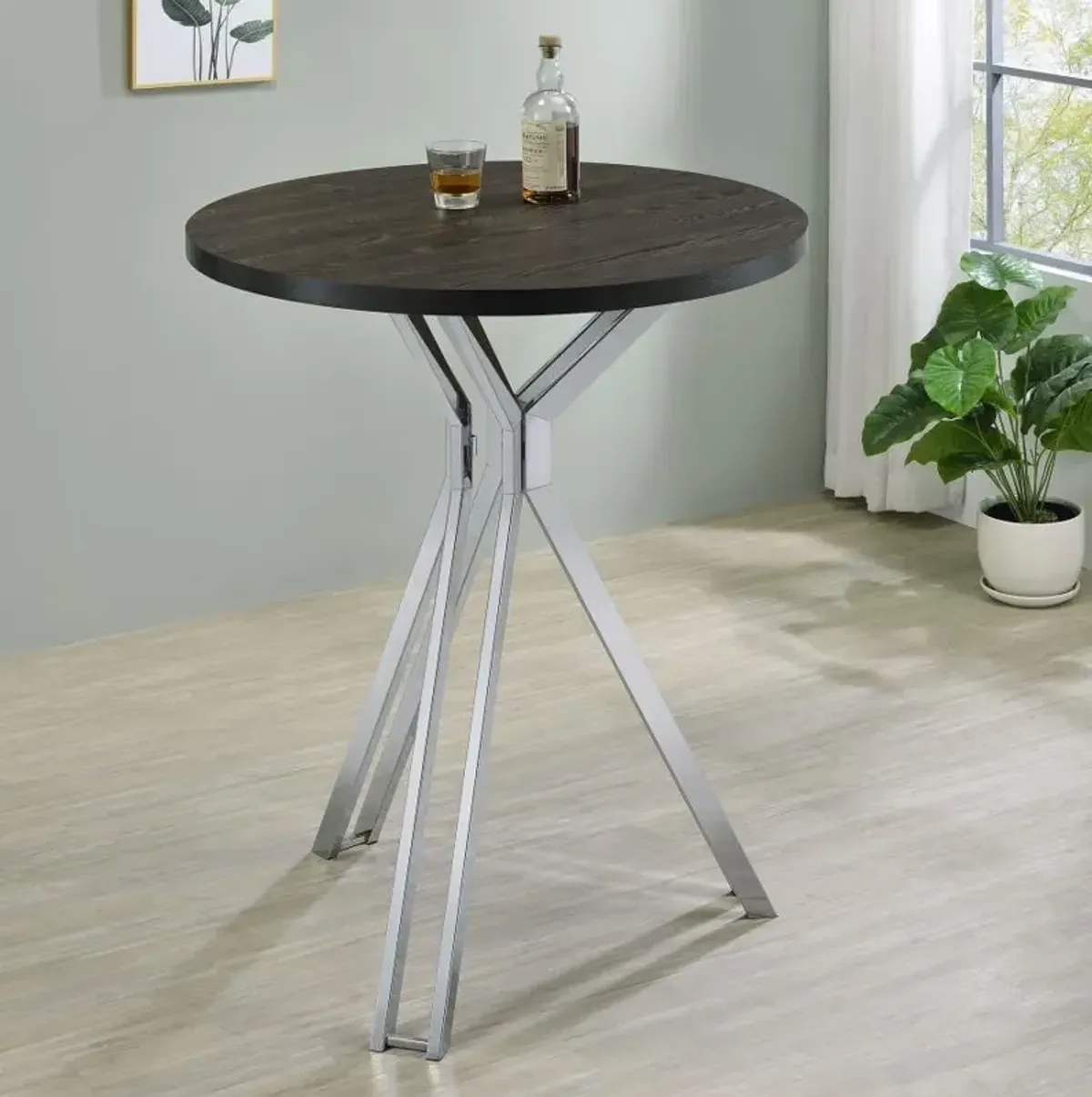 Edgerton Round Wood Top Bar Table Dark Oak and Chrome