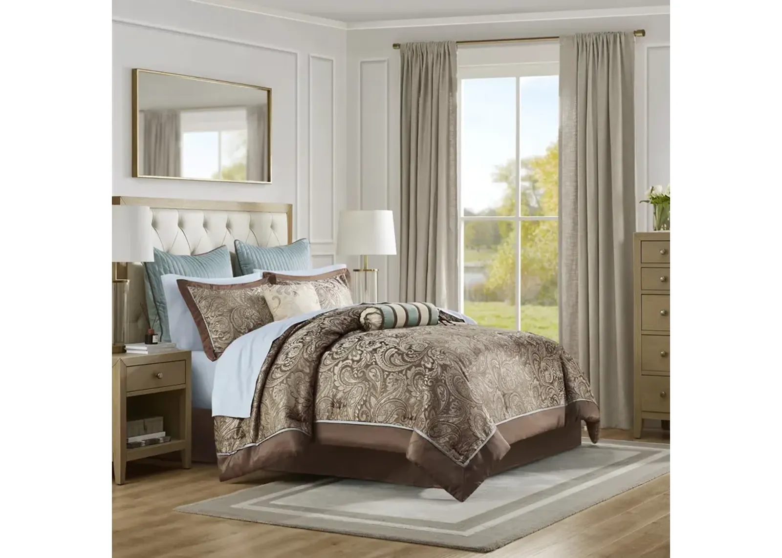 Madison Park Aubrey Blue/Brown 12 Piece Comforter Set with Cotton Bed Sheets