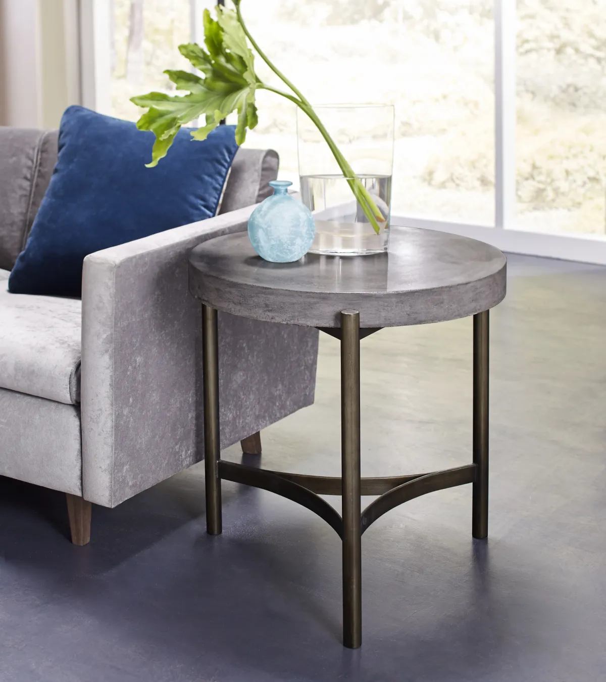 Lyon Round Natural Concrete and Metal Side Table