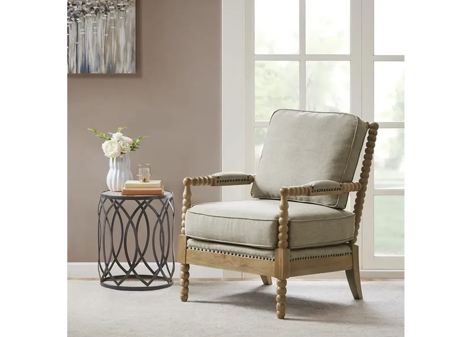 Madison Park Donohue Light Grey/Camel Oak Accent Arm Chair