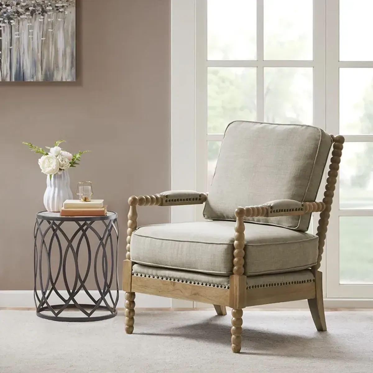 Madison Park Donohue Light Grey/Camel Oak Accent Arm Chair