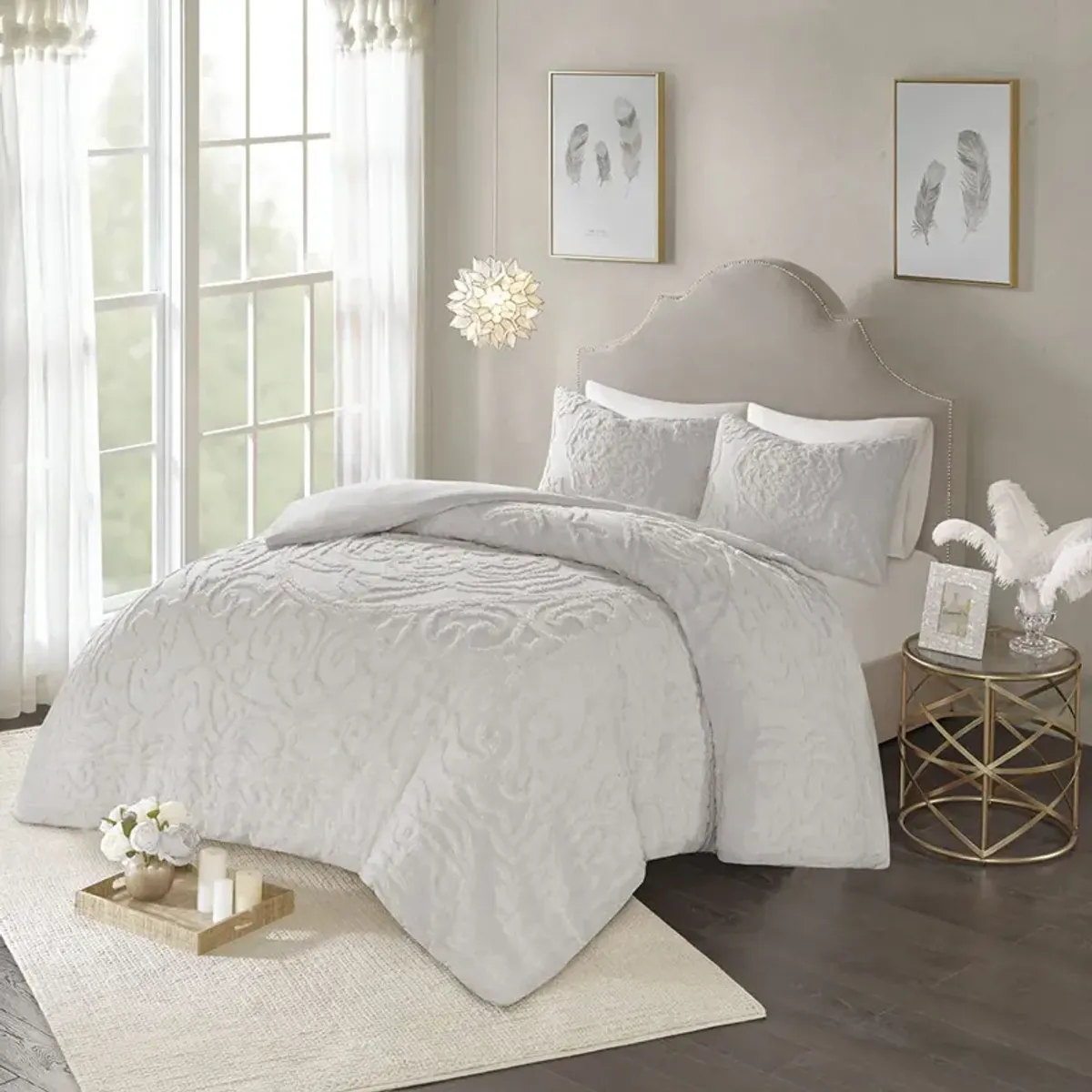 Madison Park Laetitia Grey 3-Piece Tufted Cotton Chenille Medallion Duvet Cover Set