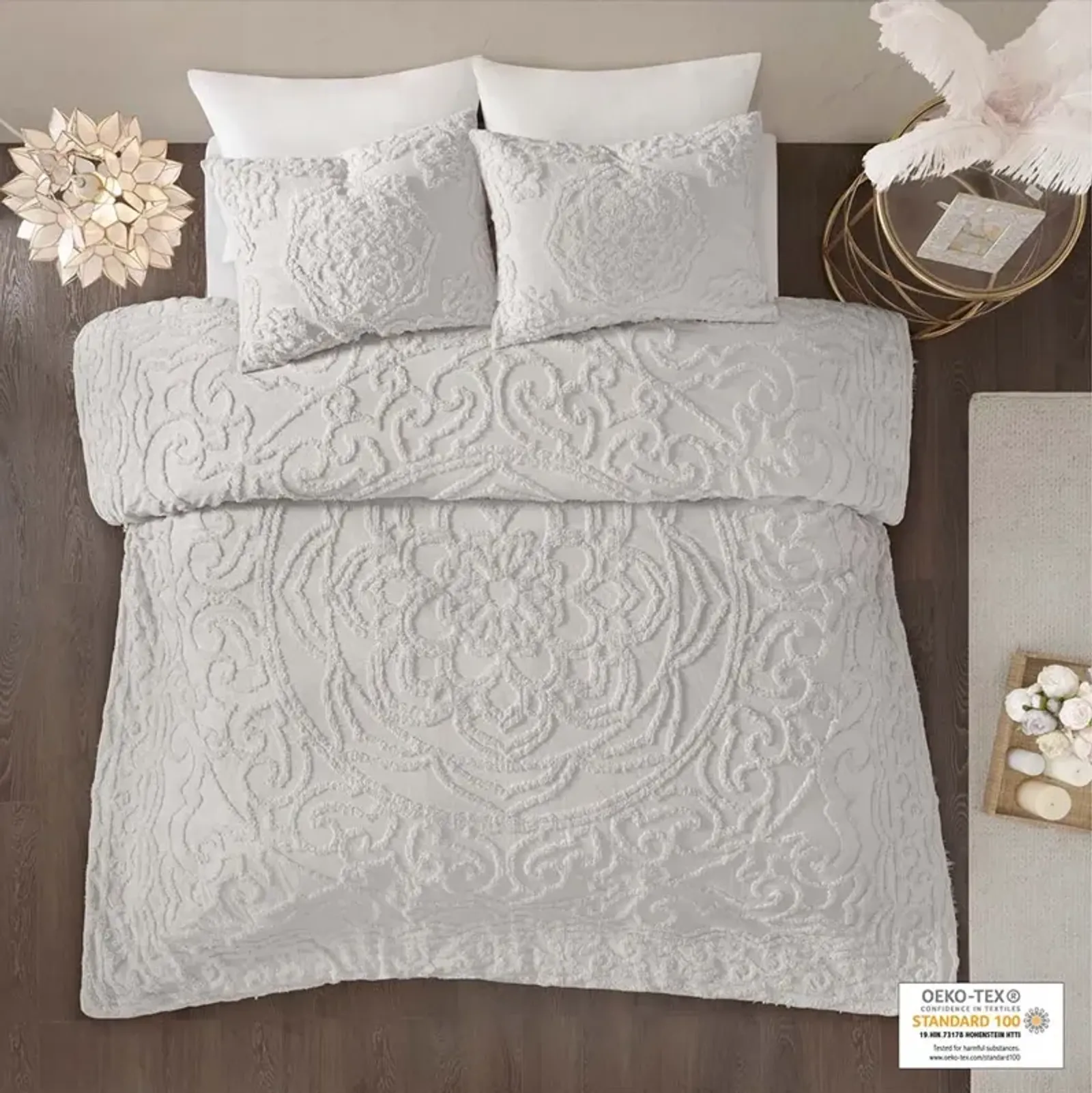 Madison Park Laetitia Grey 3-Piece Tufted Cotton Chenille Medallion Duvet Cover Set