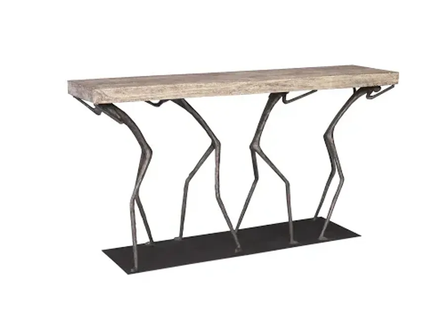 atlas console table, chamcha wood, gray stone finish, metal