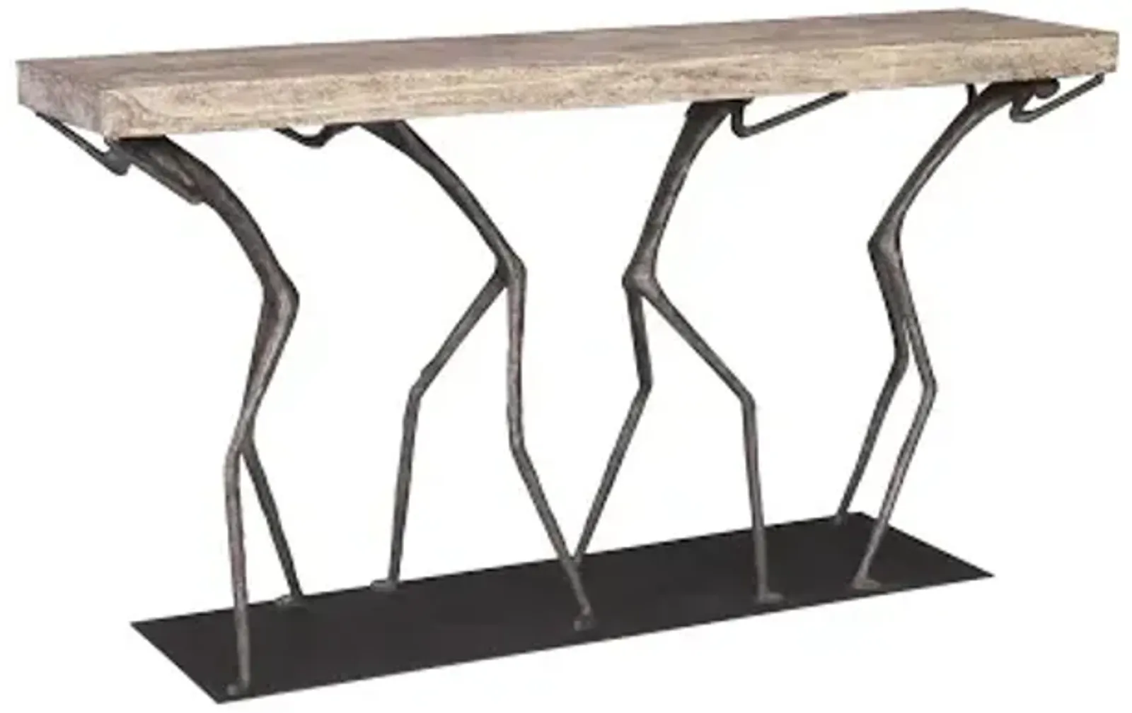 atlas console table, chamcha wood, gray stone finish, metal