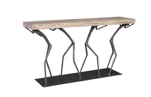 atlas console table, chamcha wood, gray stone finish, metal