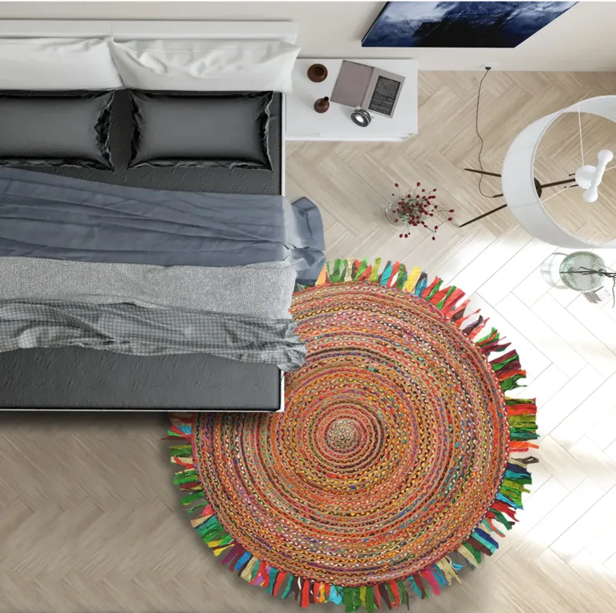 Nature Bright Multicolor Braided Chindi Cotton Blend Indoor Round Area Rug 3'6"