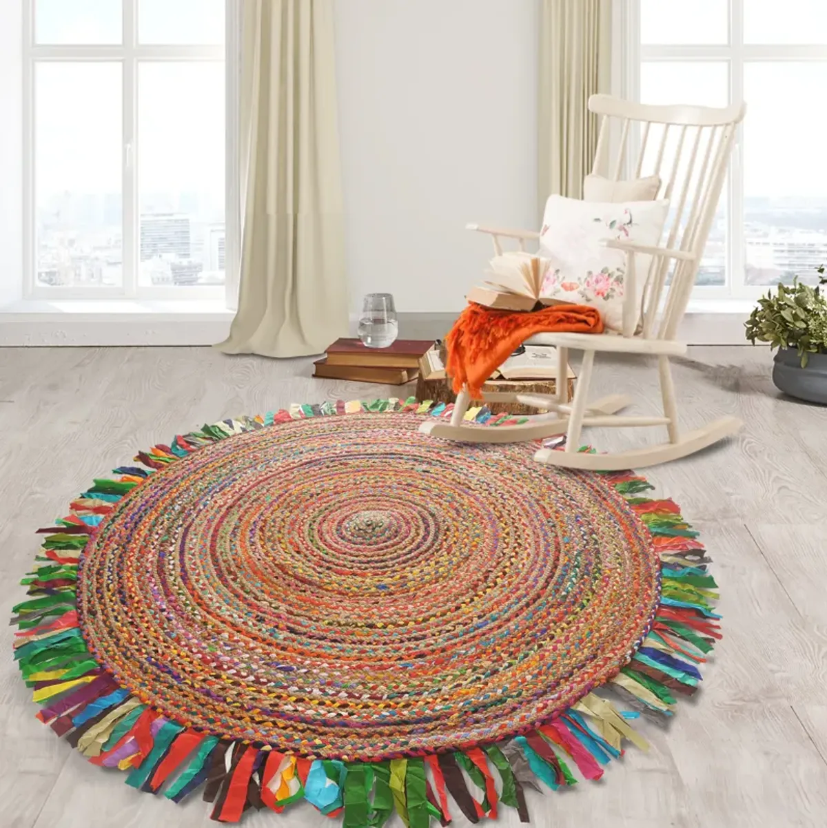 Nature Bright Multicolor Braided Chindi Cotton Blend Indoor Round Area Rug 3'6"