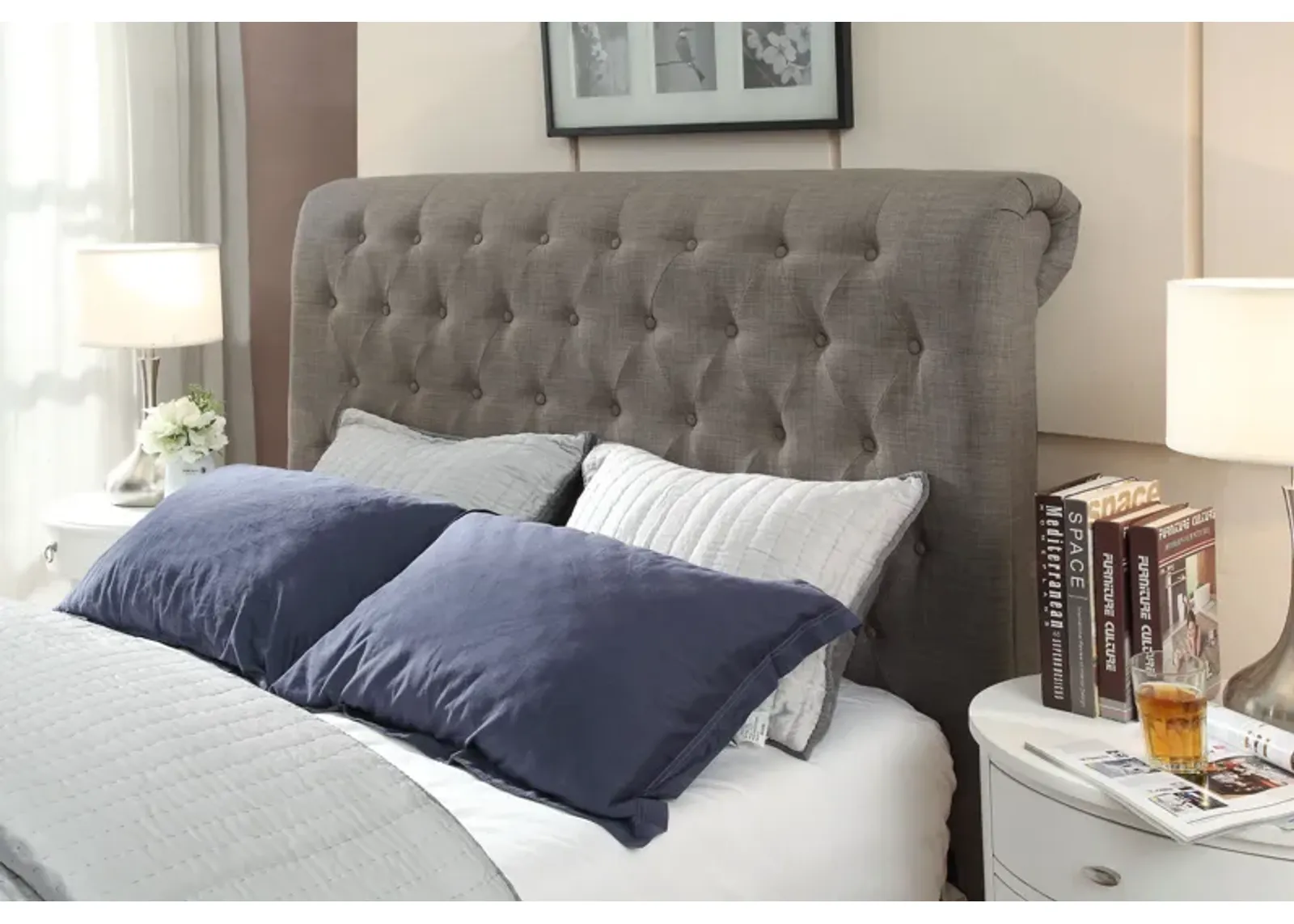 Royal Queen-size Tufted Upholstered Headboard in Dolphin Linen