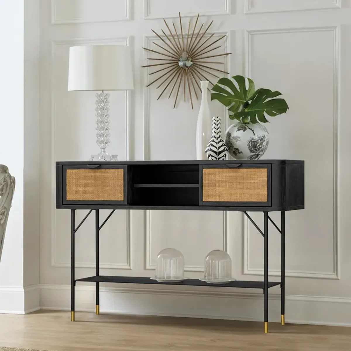 Saratoga Console Table in Black Acacia with Rattan