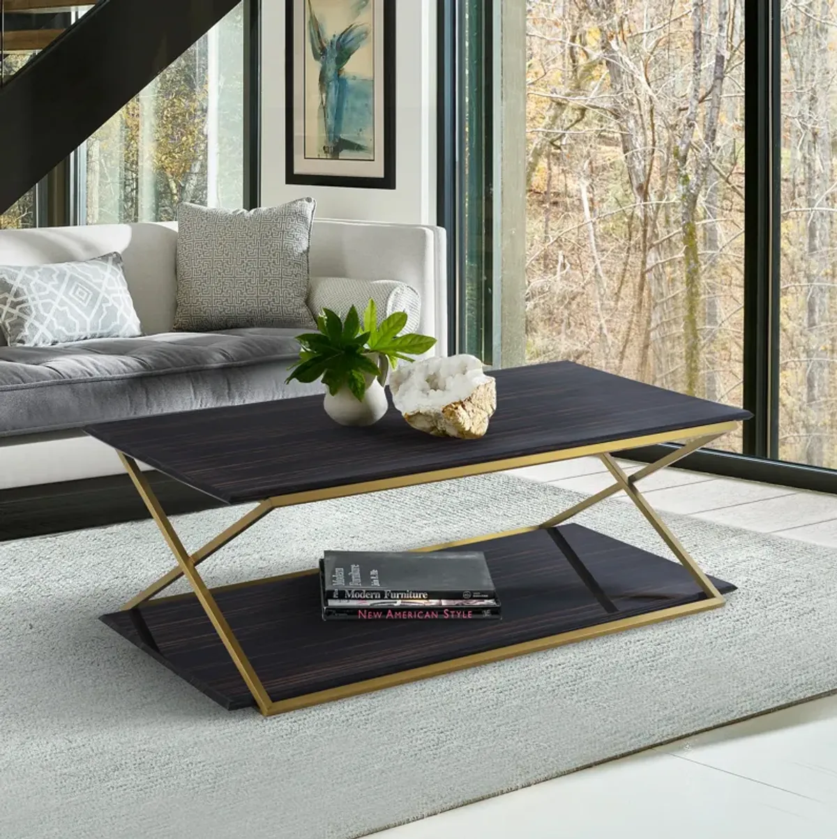 Westlake Dark Brown Veneer Coffee Table with Brushed Gold Legs