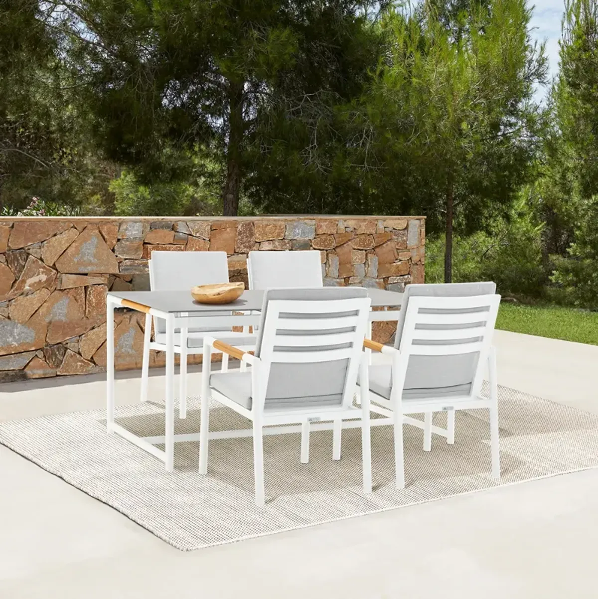 Royal 5 Piece White Aluminum and Teak Outdoor Dining Set with Light Gray Fabric