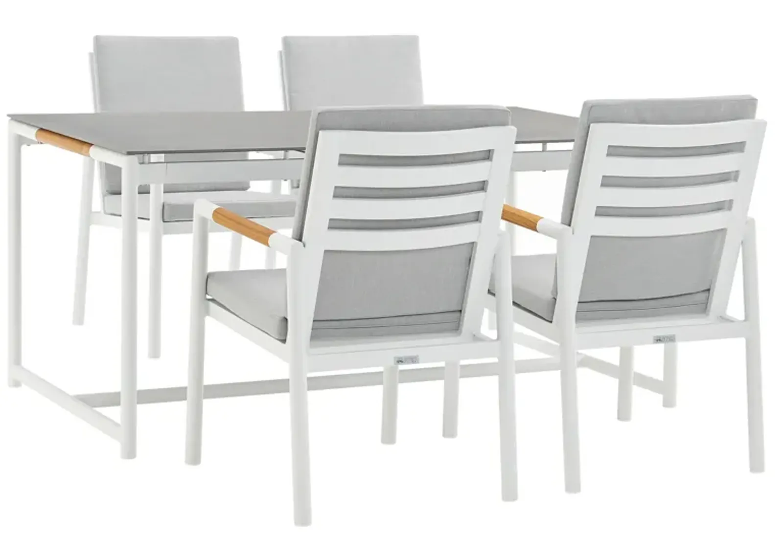 Royal 5 Piece White Aluminum and Teak Outdoor Dining Set with Light Gray Fabric