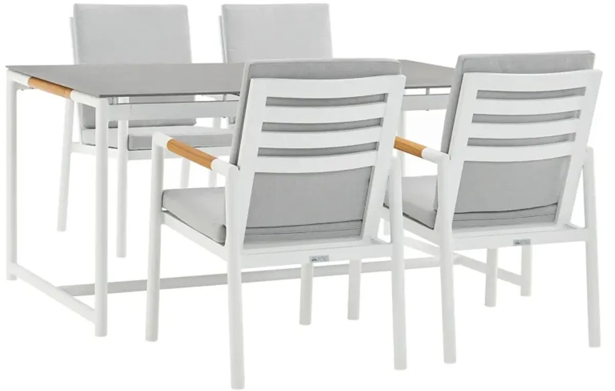 Royal 5 Piece White Aluminum and Teak Outdoor Dining Set with Light Gray Fabric