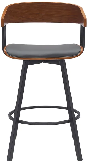 Athena 27" Swivel Walnut Wood Counter Stool in Gray Faux Leather with Black Metal