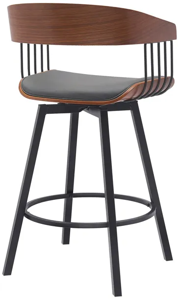 Athena 27" Swivel Walnut Wood Counter Stool in Gray Faux Leather with Black Metal