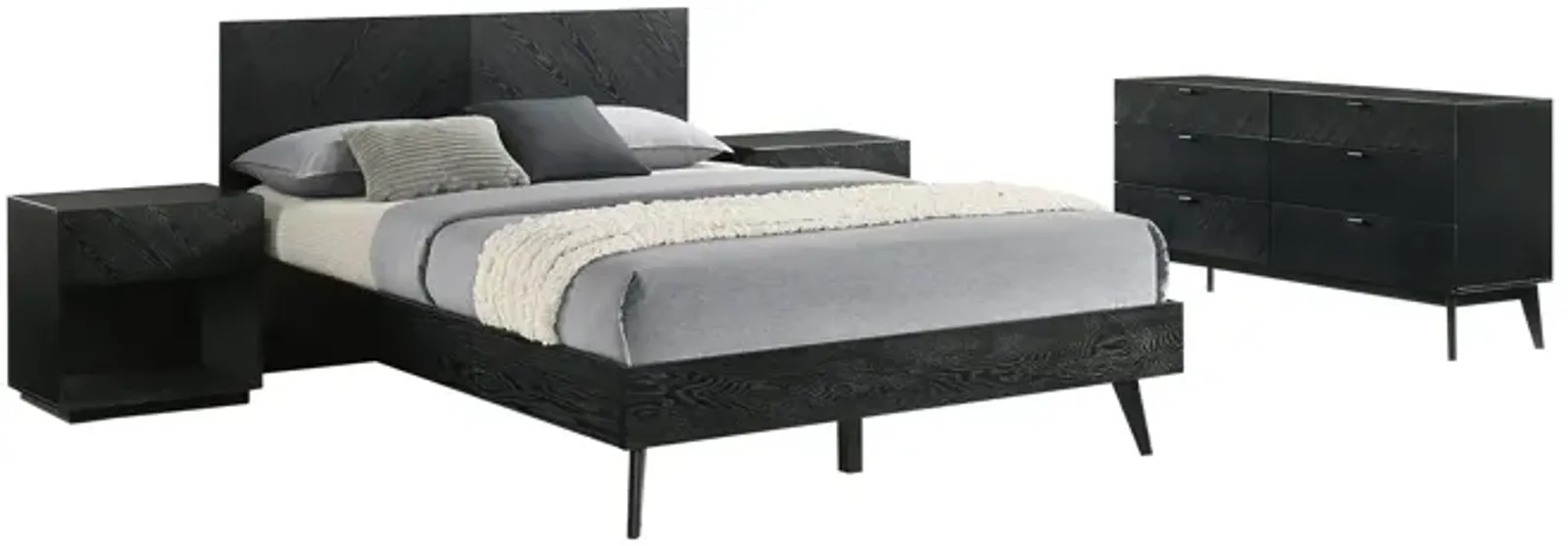 Petra Queen 4 Piece Wood Bedroom Set in Black Finish