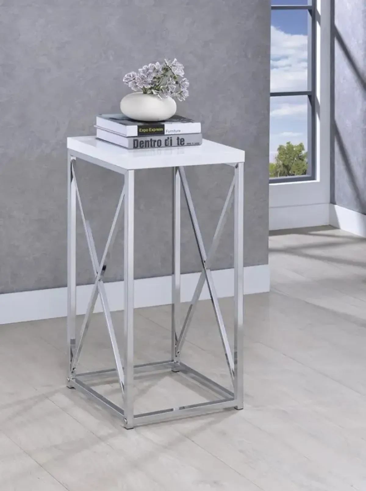 Edmund Accent Table with X-cross Glossy White and Chrome