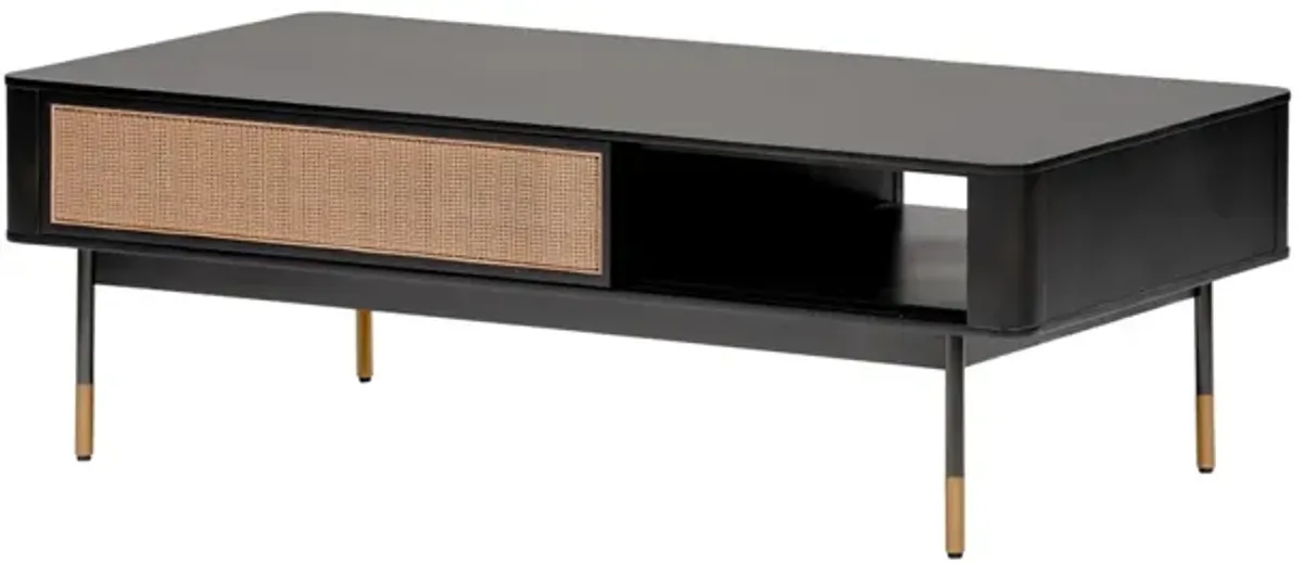 Miriam 47" Coffee Table in Black with Natural Wicker