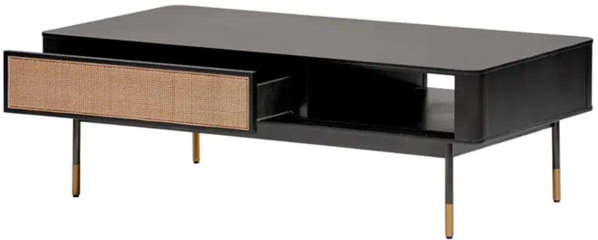 Miriam 47" Coffee Table in Black with Natural Wicker