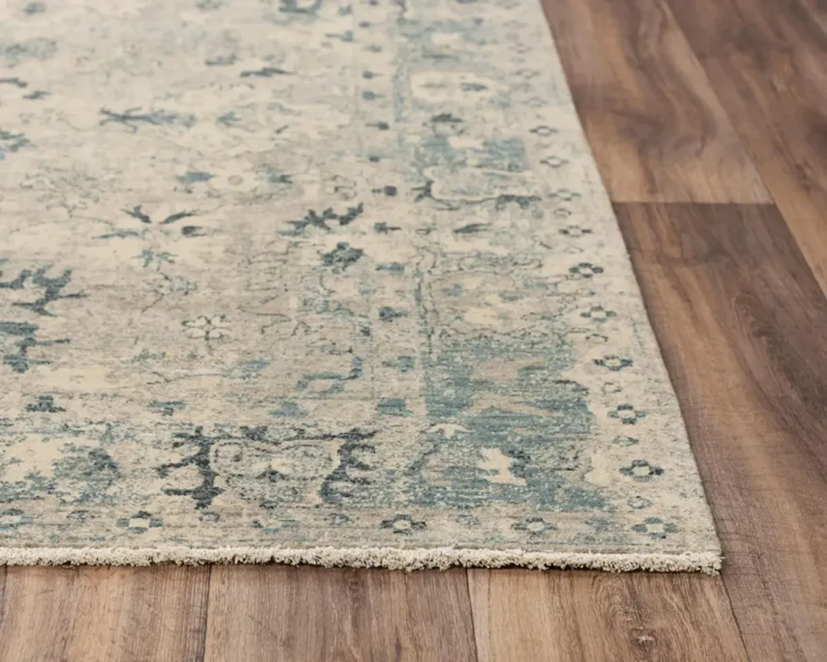 Platinum Beige/Blue Distressed Classical Proprietary Wool 5' x 8' Rectangle Rug