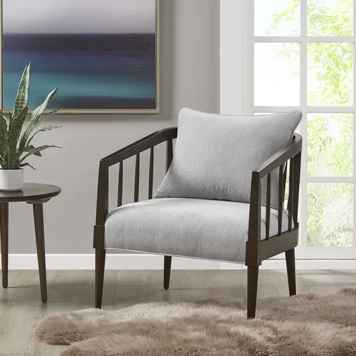 Madison Park Josefine Light Grey Spindle Accent Armchair with Removable Back Pillow