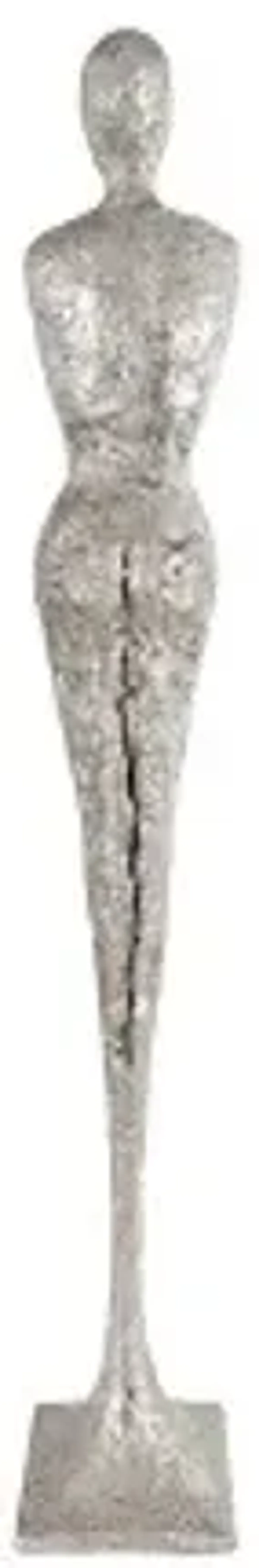 tall chiseled female sculpture, resin, silver leaf