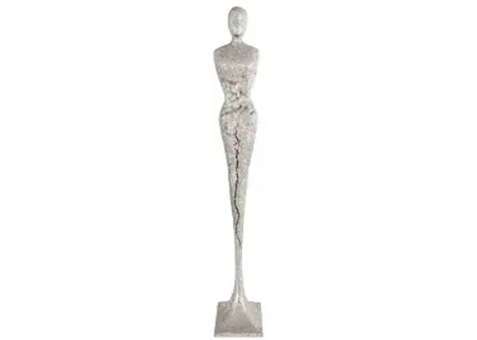 tall chiseled female sculpture, resin, silver leaf